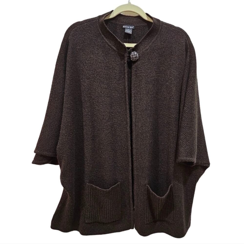Tally Ho Brown 1 Botton Open Front Cardigan with Dolman Sleeves & 2 Pockets 2X